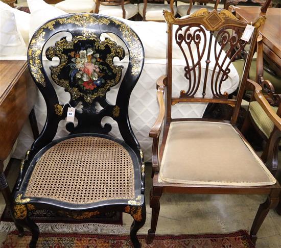 An Edwardian inlaid mahogany open armchair and a Victorian papier mache side chair (2)